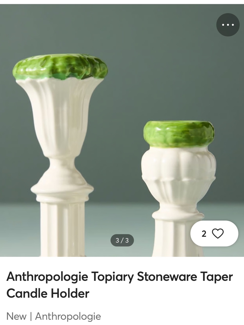 Anthropologie White Stoneware Taper Candle Holder with Green Top set of 2